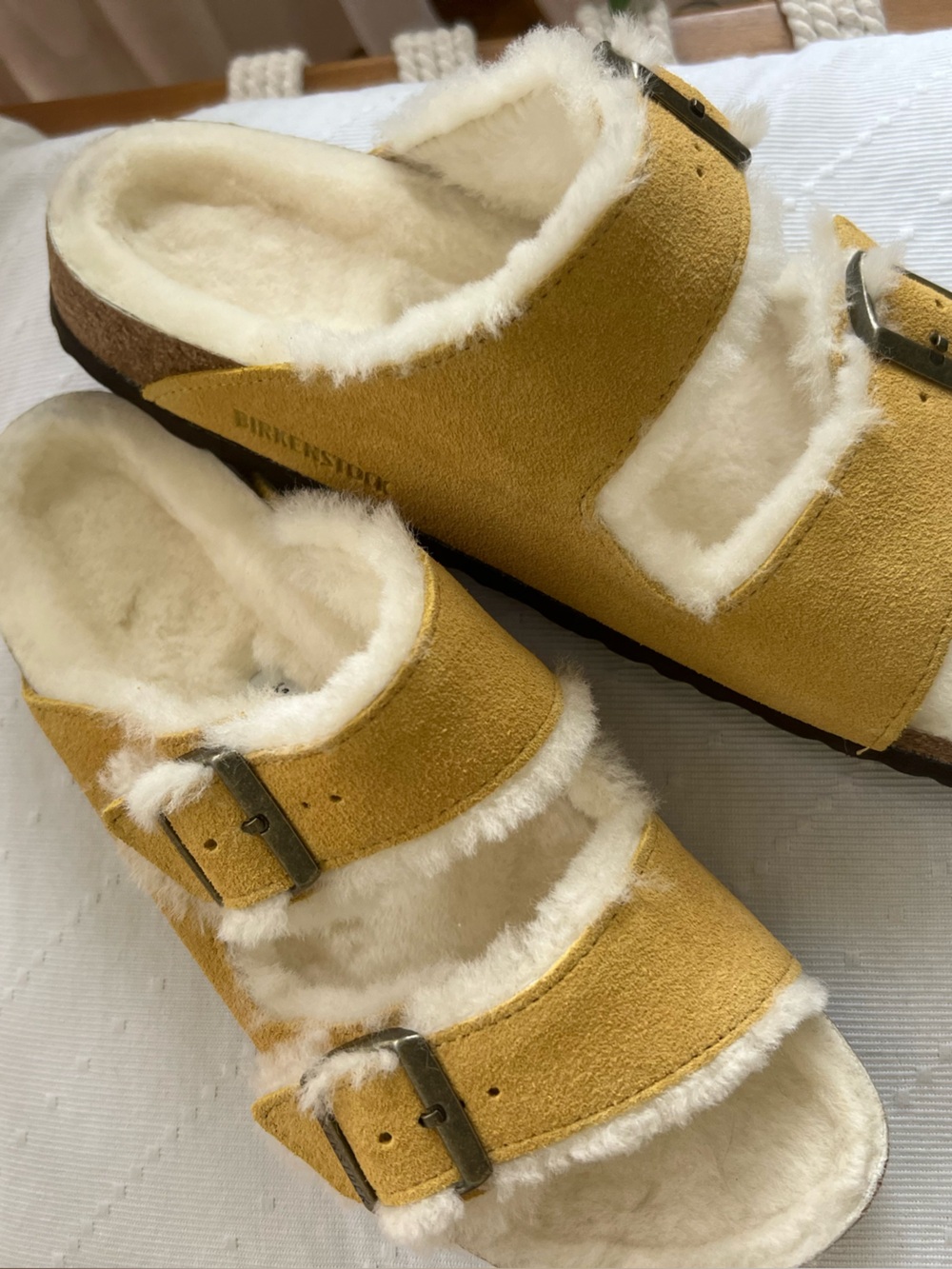 Birkenstock Men’s Mustard Yellow Shearling Double-Strap Slides